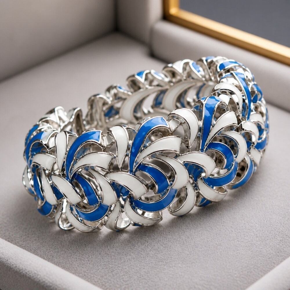 Vintage 1950s Signed Jewelcraft by Coro Two-Tone Blue Enamel Leaf Bracelet
